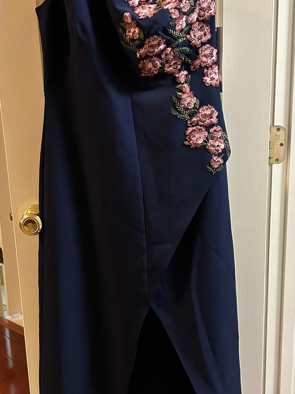 Kay Unger Navy One-Shoulder Evening Dress with Pink Floral Appliqué